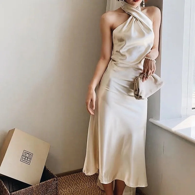 Summer Dress off Shoulder Maxi Dress Beige Womens Clothing Sleeveless Long Dress Halter Women Dress Vestidos Party